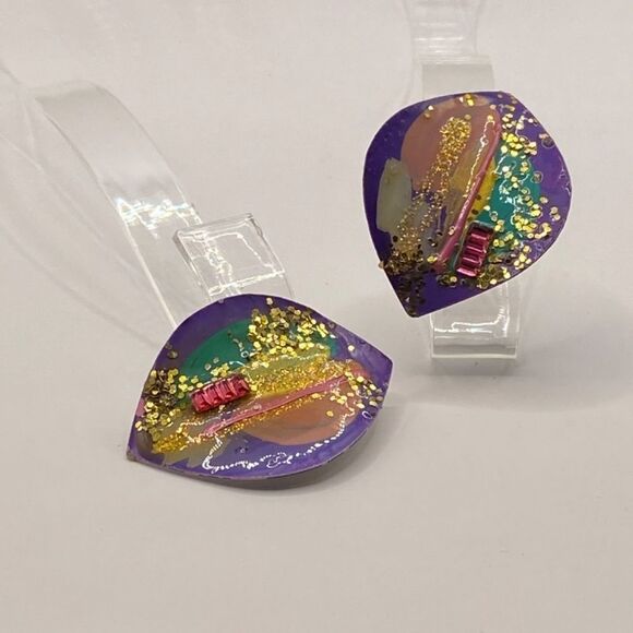Vintage 1980’s Enamel, Glitter, and textured Earrings Clip-ons - Picture 6 of 10